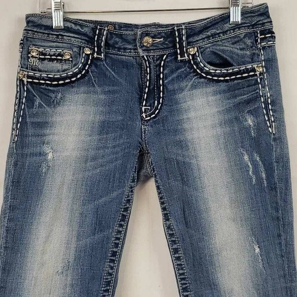 Miss Me Womens Cropped Jeans Blue Thick Stitch Medium Wash Low Rise Denim 29 - Picture 9 of 12